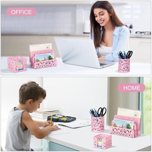 EasyPAG Desk Organizers and Accessories 3 Pieces Office Organizer Set - Pen Holder for Desk, Mail Sorter Countertop and Sticky Note Holder, Pink - Image 6