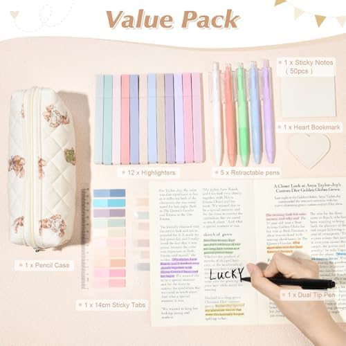 Aileam 22Pcs Book Annotation Kit Aesthetic Pencil Case with Supplies School Annotation Supplies Gel Pen Transparent Sticky Note Taking Bible Study College Stationery Supplie (Bear Cub Print) - Image 2