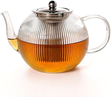 50OZ/1500ml Ribbed Borosilicate Glass Teapot with Removable Stainless Steel Infuser & Lid, Stovetop Safe Vertical Striped Clear Tea Kettle for Loose Leaf & Blooming Tea by Brightdeer