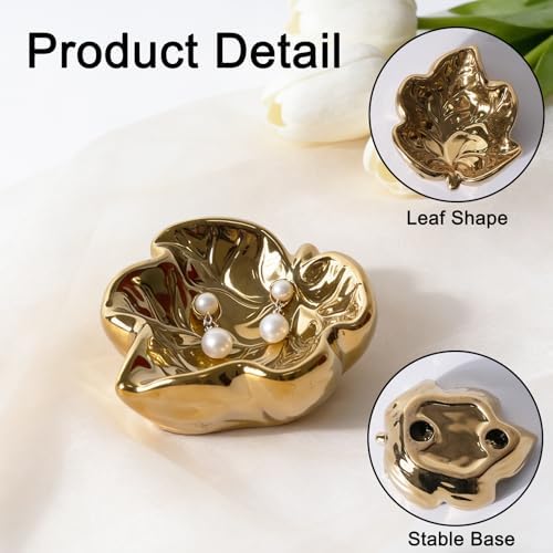 3.5' Golden Cute Leaves Ceramic Jewelry Tray for Dressing Table - Image 3
