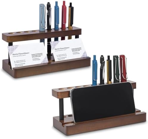 2 Pack Wooden Pen Holder for Desk, Wood Pencil Holder Fountain Pens Display Stand with 9 Slots and Phone Holder, Stylish Office Desk Decor, Pen Organizer for Office, Home by Unknown