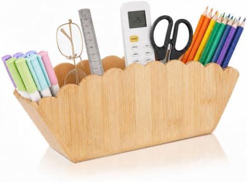 Jetec Scalloped Bamboo Pencil Holder, 4 Compartment Wooden Desk Organizer by Jetec
