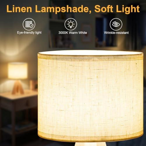 Tripod Table Lamp Small Bedside Lamp with Linen FabricShade, Mid Century Modern Nightstand Lamp for Bedroom Living Room Office Nursery, Wooden Legs(Cylindrical) - Image 2