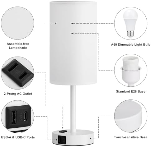 Fenmzee 17.4" White Lamp for Bedroom - Dimmable Touch, USB A+C, AC Outlet - Image 7