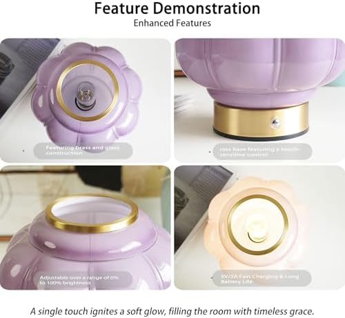 Mushroom Lamp, Cordless Rechargeable Table Lamp with Brass Base & Purple Glass Shade, 4W Dimmable Bedside Table Lamp, Small Vintage Desk Light for Mid Century Modern Home Decor (Purple) - Image 6