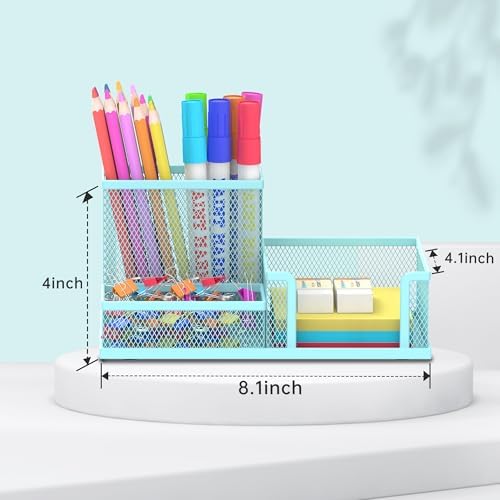 SUPEASY Mesh Pen Holder Desk Organizer, Office Supplies Pencil Storage with 3 Compartments, Office Desk Accessories and Workspace Organizers for Home School, Blue - Image 4