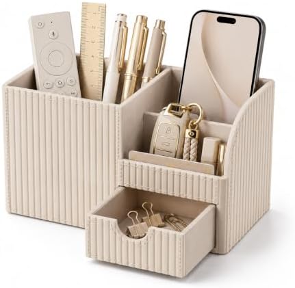 KINGFOM Luxury PU Leather Desk Organizer with Drawer, Modern Aesthetic Office Desk Accessories for Men & Women, Multi-Compartment Pen Holder & Desktop Storage Organizer for Home Office by KingfomLeatherHomeOfficeDecor