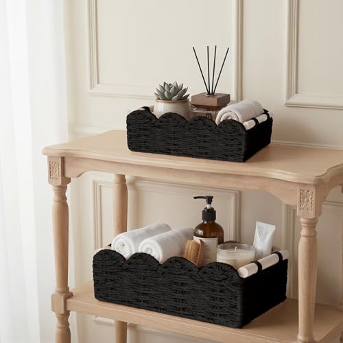 iEGrow Paper Rope Small Storage Baskets for Organizing, Set of 2 Scalloped Edge Wicker Basket with Wooden Handles Toilet Paper Basket for Over Toilet Storage Shelf, Home Decor, Living Room (Black) - Image 6