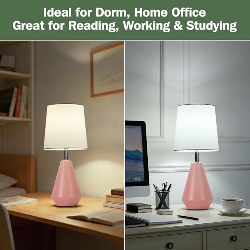 Small Bedside Table Lamp for Bedroom - Reading Desk Lamp with 3 Color Temperatures，15.5" Nightstand Ceramic Lamp with Fabric Shade for Kids Room,Living Room,Dorm,Home Office (Pink+White) - Image 4