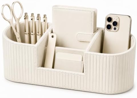 KINGFOM Faux Leather Desk Organizer, Office Desk Accessories Organizer with 4 Compartments, Modern Vanity Organizer for Pens, Makeup Brushes, Office Supplies, Remote Controls, Desk Decor for Home by KingfomLeatherHomeOfficeDecor