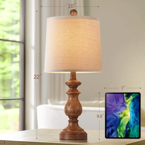 PARTPHONER Traditional Table Lamp Set of 2, Rustic Farmhouse Table Lamps for Living Room Bedroom, 22" Bedside Desk Lamps Vintage Nightstand Lamps with Linen Shades, Wood Grain - Image 3