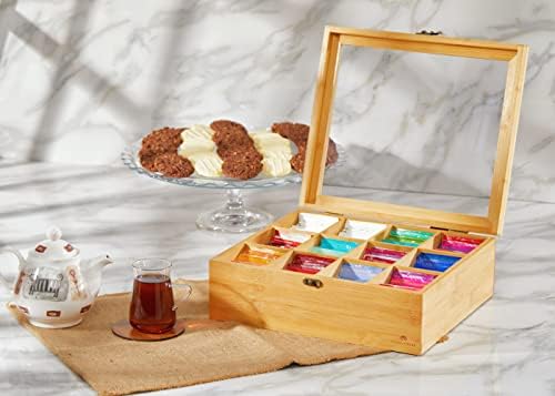 Natural Bamboo Tea Storage Organizer, Clear Acrylic Top, 12 Compartments - Image 6
