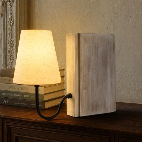 AELS Solid Wood Bookshelf Lamp with Bulb, Cordless Rechargeable Touch Dimmable Table Lamp with Linen Fabric Shade, Modern Decorative Bookend Lamp for Bedroom, Office & Bookshelf Decor, White by AELS