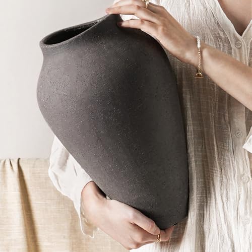 Ceramic Vase - Large 13.6 Inch Tall Floor Vase for Centerpieces, Farmhouse Flower Vases, Rustic Minimalist Home Decor for Living Room, Enterway, Wedding (Sandstone Dark Gray) by LETAUCIGARDEN