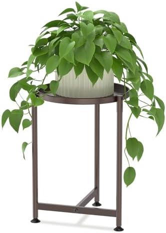 LASZOLA Metal Small Plant Stand Indoor Tall with 11 Inch Large Tray, Brown by LASZOLA
