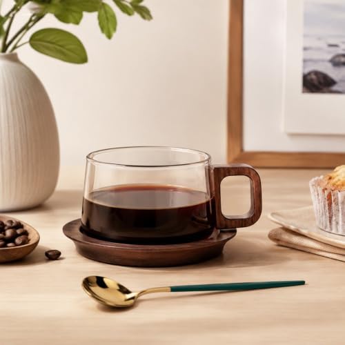 Clear Glass Coffee Cup with Wooden Handle and Base, 260ml Heat Resistant Tea Mug Set with Spoon, Elegant Latte Espresso Drinkware for Home Kitchen Office - Image 4