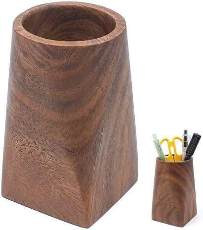 Wood Pen Holder For Desk, Pencil Cup Whole Piece Black Walnut Wooden Organizer Caddy Stand, Durable Vintage Rustic Box For Desktop Men Supplies Accessories Stationery Makeup Brushes Offices Decoration by Marsrut