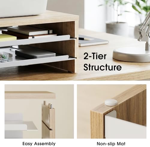 Fenge 14.3-Inch Monitor Stand with Slide-Out Trays, Wood & Metal Desk Shelf - Image 3