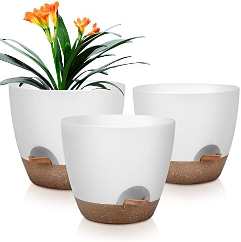 QRRICA Plant Pots 10/9/8 Inch Self Watering Pots, Set of 3 Plastic Planters with Drainage Holes and Saucers,Plastic Flower Pots,Nursery Planting Pot for Indoor Out Door Plants（White） by QRRICA