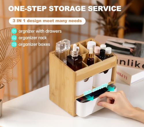 Bamboo Organizer with 3 Drawers, Small Organizer for Bathroom Countertop, Makeup Vanity Skincare/Cosmetic Organizer Box, Desktop Organization for Stationery, Adjustable & No Assembly Required - Image 6
