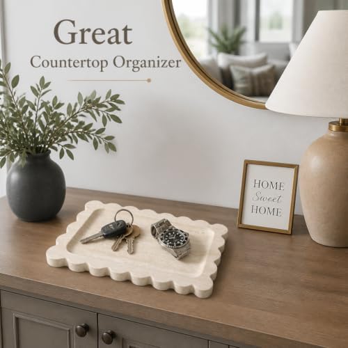Koville Romano Travertine Vanity Tray, 11"x8" Natural Stone Organizer Tray for Countertop Bathroom Kitchen Dresser, Marble Decorative Scalloped Tray for Jewelry Cosmetics Perfume Trinket(Beige) - Image 6