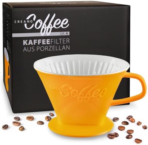 Creano Porcelain Coffee Dripper Saffron Yellow - Ceramic Cone Brewer - Pour Over Coffee Maker for Filter Bags Size 4 - Easy Manual Brew for pure taste - also for Camping, Hiking by Creano