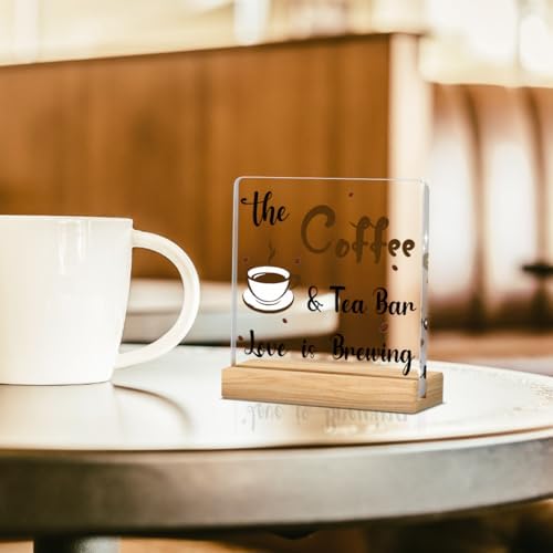 Coffee Bar Decor Sign, Coffees Nook Decoration, Cafe Station Accessories, Coffee & Tea Bar Love is Brewing, Funny Acrylic Gift Wood Plaque with Stand Office Farmhouse Kitchen Decor 4"x4" - Image 4