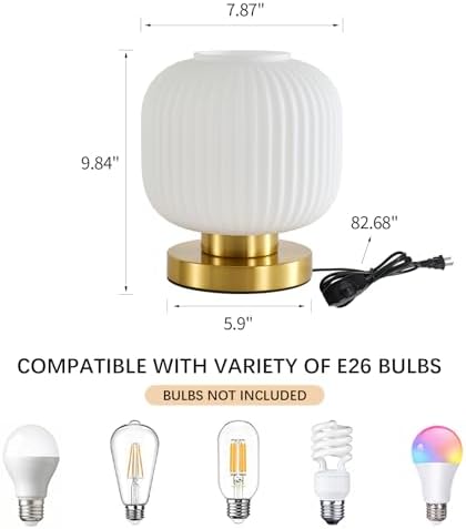 White Glass Table Lamp,Vintage Gold Base Ribbed Bedside Lamp - Image 3