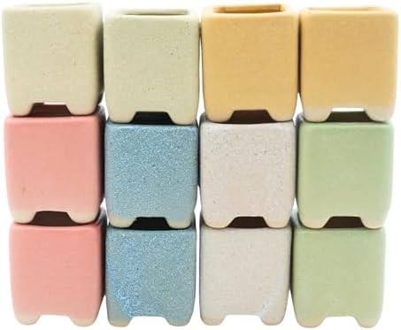 12-Pack 1.6" Modern Square Succulent Pots with Large Drainage Hole - Rustic Morandi Stone Textured Ceramic Planters, Mini Pots for Air Plants, Fairy Gardens (Mixed Color) by Unknown