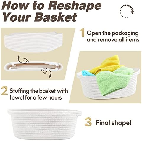 Pro Goleem Small Woven Basket with Gift Bags and Ribbons Durable Baskets for Gifts Empty Small Rope Basket for Storage 12"X 8" X 5" Baby Toy Bin with Handles, White - Image 7