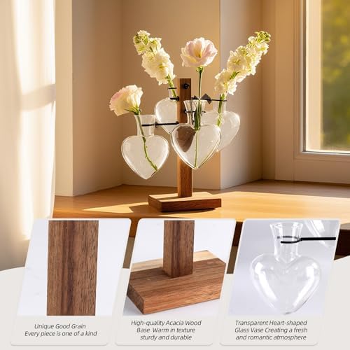 Plant Propagation Station Whith Acacia Wood Stand, 4 Heart Glass Vases - Image 5