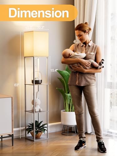Floor Lamp with Shelves for Living Room Oak Gray, Shelf Floor Lamp with 3 CCT LED Bulb, Corner Display Standing Column Lamp Etagere Organizer Tower Nightstand with White Linen Shade for Bedroom Office - Image 4