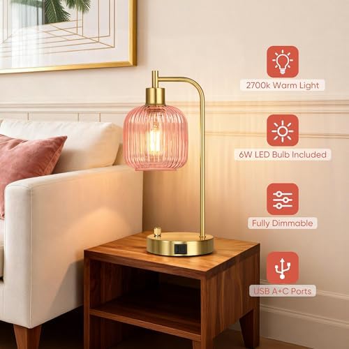 Pink Glass Table Lamps Set of 2, Dimmable Bedside Lamps for Living Room - Image 4