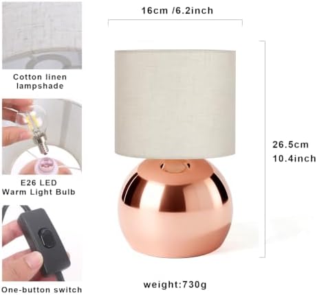 Modern Rose Gold Table Lamp, Small Bedside Nightstand Light, 6.2X6.2X10.4 Inch, with Linen Shade and Included LED Bulb, for Bedroom Living Room - Image 2