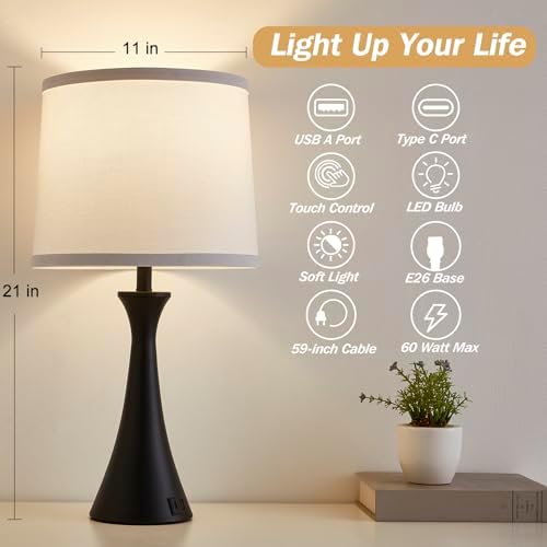 Touch Table Lamps Set of 2, 21" Bedside Lamps with USB C+A - Image 2