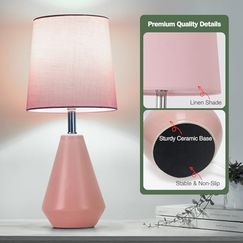 Small Bedside Table Lamp for Bedroom - Reading Desk Lamp with 3 Color Temperatures，15.5" Nightstand Ceramic Lamp with Fabric Shade for Kids Room,Living Room,Dorm,Home Office (Pink) - Image 5