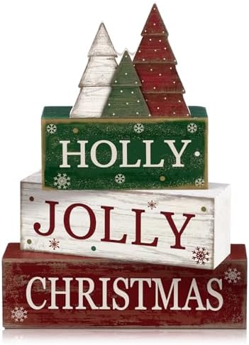 Moucuny 4 Pcs Christmas Centerpiece Wood Block Signs Holly Trees by Moucuny