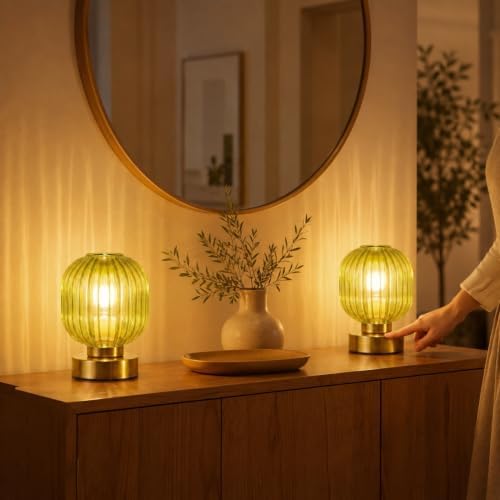 Elenhome Green Touch Glass Table Lamp Set of 2, 3-Way Dimmable Bedside Lamps, Vintage Mid-Century Modern Nightstand Lamps for Bedroom and Living Room, Ambient Mood Lighting, LED Bulb Included - Image 6