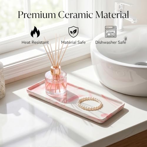 8″ x 3.7″ Ceramic Vanity Tray, Decorative Rectangular Organizer for Bathroom Countertop, Dresser Top, Kitchen & Bathtub, for Soap, Perfume, Candle, Jewelry & Cosmetics (Marble-Pink) - Image 5