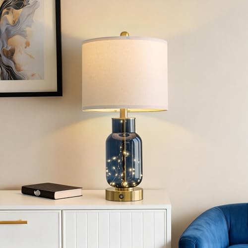 Oneach 22" Glass Table Lamps Set of 2 with LED Nightlight for Bedroom, Blue - Image 2