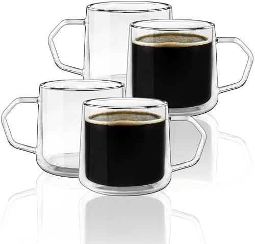 Double Wall Glass Coffee Mugs with Handle, 10oz Insulated Borosilicate Clear Cups for Latte Cappuccino Espresso Tea, Set of 4 by Unknown