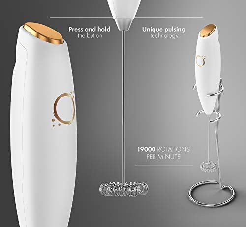 Milk Frother White - Coffee Frother Handheld with Electric Whisk - 19000 rpm - Book Recipes and Stainless Steel Stand Included - Hand Mixer Electric (White and Gold) - Image 6