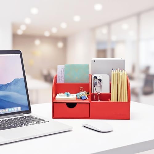 UnionBasic Desk Organizer - Multifunctional Leather Desktop Pen Holder Storage Box - Business Card/Pen/Pencil/Mobile Phone/Stationery Holder, Red - Image 5