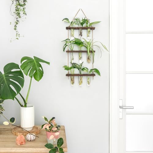 Mkono Plant Propagation Station, 3 Tier Small Brown Wall Hanging Vase Tubes - Image 2