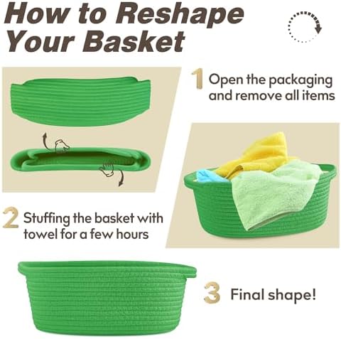 Pro Goleem Small Woven Basket with Gift Bags and Ribbons Durable Baskets for Gifts Empty Small Rope Basket for Storage 12"X 8" X 5" Baby Toy Basket with Handles, Grass Green - Image 7