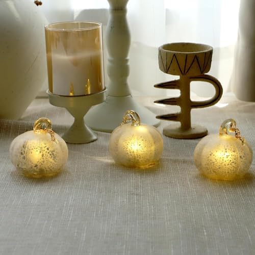 Light Up Glass Pumpkins (Set of 3) - Silver Frosted Crackle LED Pumpkin Decor with Warm White Lights, Battery Operated Fall Centerpiece for Table, Halloween, Thanksgiving & Christmas Decorations - Image 5