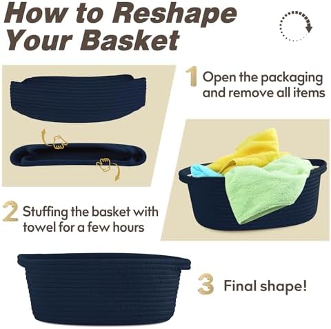 Pro Goleem Small Woven Basket with Gift Bags and Ribbons Durable Baskets for Gifts Empty Small Rope Basket for Storage 12"X 8" X 5" Baby Toy Baskets with Handles, Navy Blue - Image 7