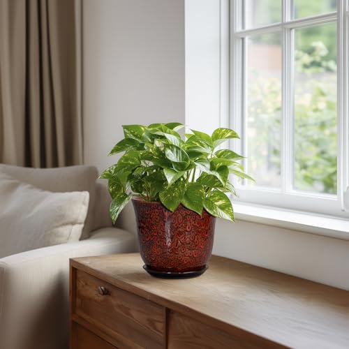 Ceramic Plant Pots - 5.6 Inch Plant Pot Indoor Outdoor, Small Planter with Drainage Hole and Saucer, Round Planter, Orchid Succulent Pots, Garden Room Decor, Gardening Gifts for Women, Red - Image 5