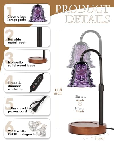 Funistree Small Candle Warmer Lamp with Timer, Adjustable Purple Lamp Warmer for Jar Candles, Christmas Birthday Gifts for Women Mom Her, Dimmable Candle Heater, Cute Wax Warming Light with Wood Base - Image 5