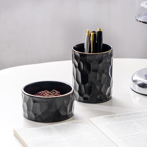 Aesthetic Desk Organizer Set of 2 For Office, Ceramic Pen Holder and Paper Clip Holder Dispenser, Cute Pencil Cup Pot for Desk, Desktop Accessories For Women Men, Office Decor Ideal Gifts (Black Set) - Image 2